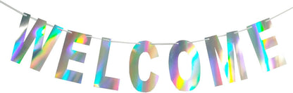 Pre-Strung Holographic Welcome Banner Decorations Sign, Iridescent Hanging Bunting String Flag Garland for Welcome Baby Shower, Deployment Homecoming, Family Reunion, Military Homecoming Party