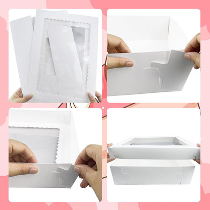 MUMULULU 4 PCS 19x14x4 Inch Cake Boxes with Cake Board White Sheet Rectangular Bakery Boxes with Window for Donuts Cookies Dessert Cupcakes Pastry Baking Pie Packaging