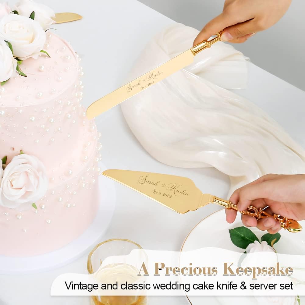 Wedding Cake Knife and Server Set, Personalized Gold Cake Cutting Set for Wedding, Engraved Classic Cake Knives Cutter Set, Pie Server, Birthday Bridal Quinceañera Gift (CUS-Flower)