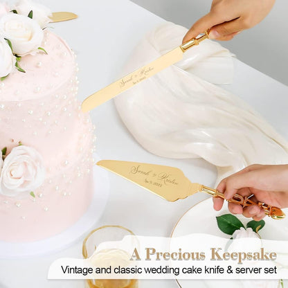 Wedding Cake Knife and Server Set, Personalized Gold Cake Cutting Set for Wedding, Engraved Classic Cake Knives Cutter Set, Pie Server, Birthday Bridal Quinceañera Gift (CUS-Flower)
