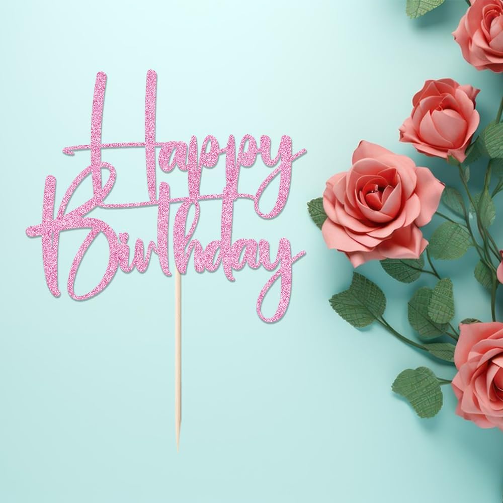 Happy Birthday Cake Topper,black Glitter Cake Pick Bunting Decor for Anniversary Birthday Party Cake Decorations Supplies