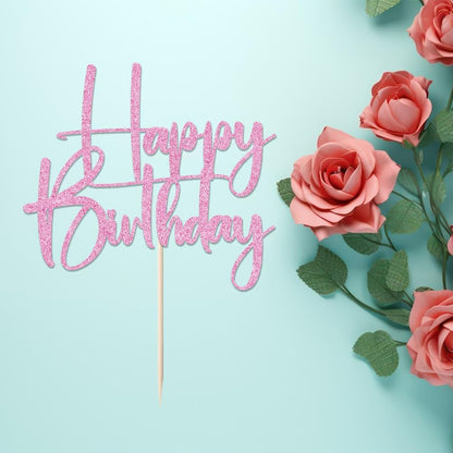 Happy Birthday Cake Topper,black Glitter Cake Pick Bunting Decor for Anniversary Birthday Party Cake Decorations Supplies