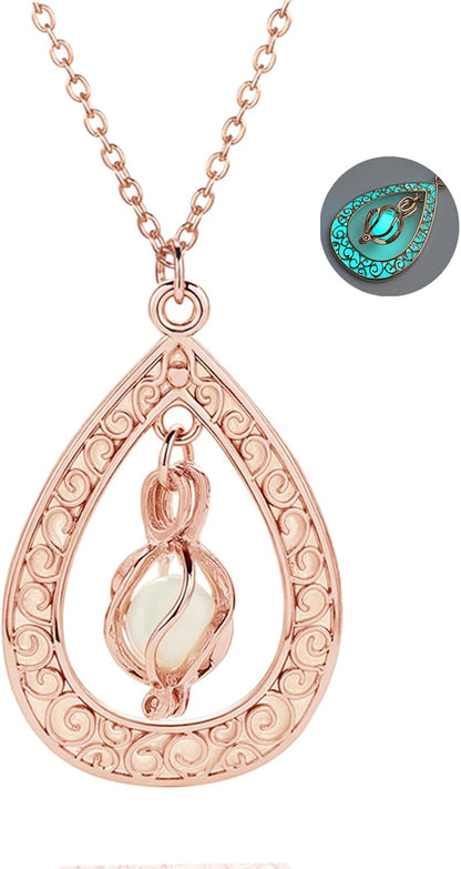 EEQQBZ Glow in The Dark Silver Teardrop shape necklace,Fantasy Glowing Jewelry Charm