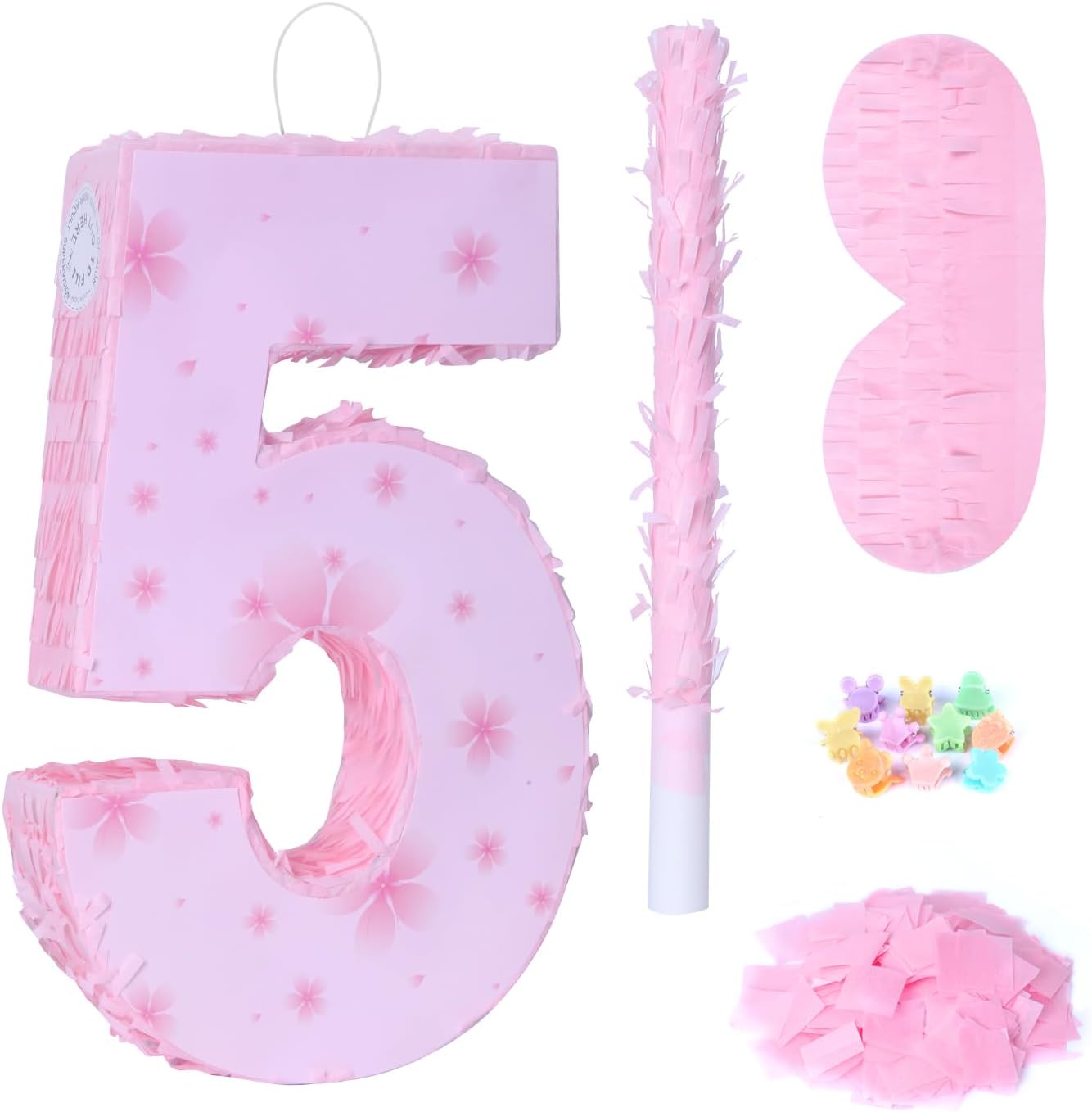 Pink Number 4 Piñata with Pinata Stick & Blindfold for Kids Girls Boys 4th Birthday Party Decorations Carnival Games with Hair Claw Clip Gift (Number 4)