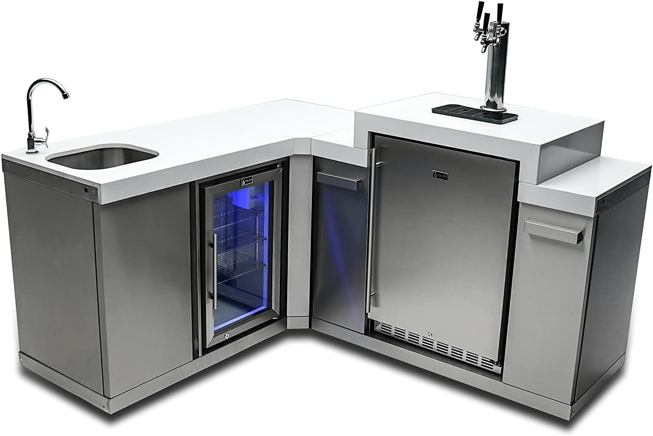 Mont Alpi Bar Series MA-BEVKEG Stainless Steel Outdoor Rated 3 Beer Tap Kegerator Keg Center Dispenser + Beverage Center with Compact Refrigerator + Granite Countertops