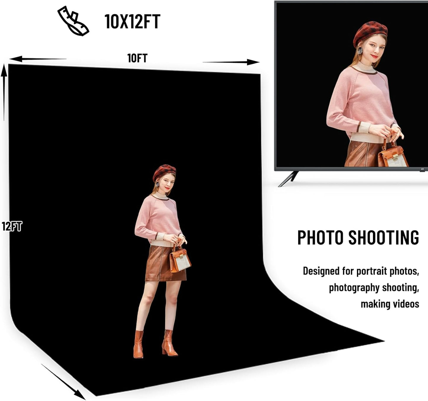 BEIYANG 8.5X10 FT Photo Background Stand with 10X12 FT Black Backdrop Screen, Adjustable Background Holder Support System Kit for Photography Video, Parties Decoration with Carry Bag & Clamps