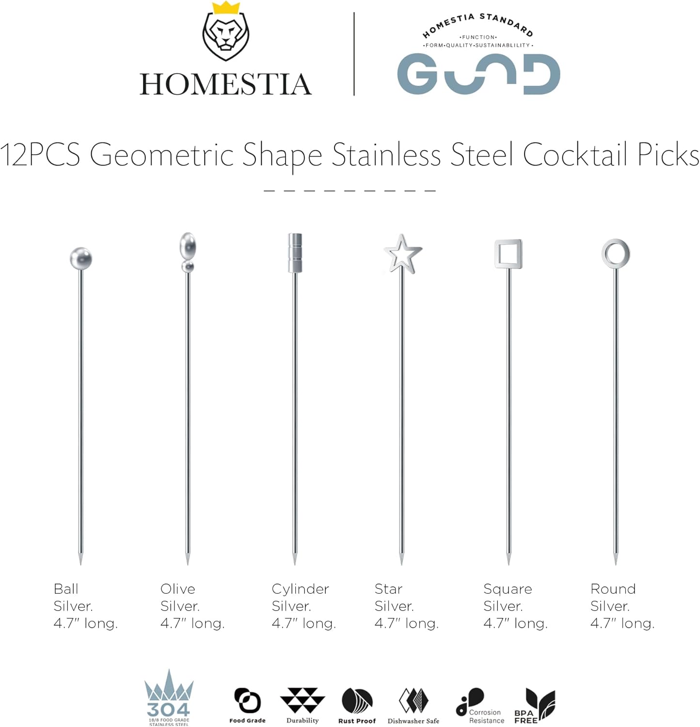 Homestia Stainless Steel Cocktail Picks, 4.7 Inch Reusable Martini Olive Picks, Metal Garnish Skewers for Drinks, Appetizers, Bloody Mary - Set of 6 Metal Cocktail Picks for Party Bar