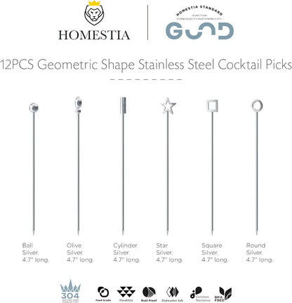 Homestia Stainless Steel Cocktail Picks, 4.7 Inch Reusable Martini Olive Picks, Metal Garnish Skewers for Drinks, Appetizers, Bloody Mary - Set of 6 Metal Cocktail Picks for Party Bar
