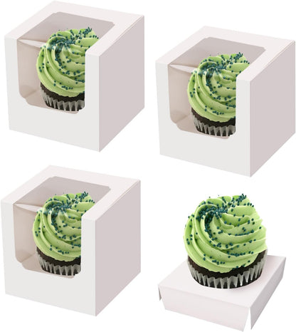 25 Pack Cupcake Boxes, White Paper Containers with Transparent Window and Built-in Dividers, Foldable 3.5"x3.5"x3.5" Cake Holders for Wedding and Party Favorsb