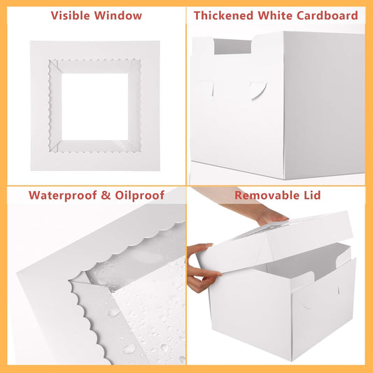 SATINIOR 38 Pcs 10 x 10 x 8 Inch Tall Cake Boxes for Tier Cakes White Baking Boxes with Window Clear Lid Disposable Containers Pie Bakery container for Party Wedding Birthday Transport