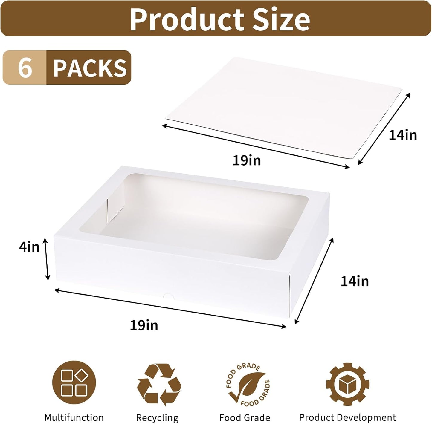 Moretoes 10pcs 19x14x4in Half Sheet Cake Boxes with Window, White Cookie Boxes, for Pastry Baking Cake Donuts Cupcake Pie Packaging