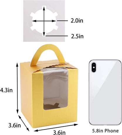 EUSOAR Gold Cupcake Boxes, 25pcs 3.6"x 3.6"x 4.3" Single Cupcake Carrier with Window Insert and Handle, Kraft Pastry Containers, Muffins Cupcake Carriers for Bakery Wrapping Party Favor Packing