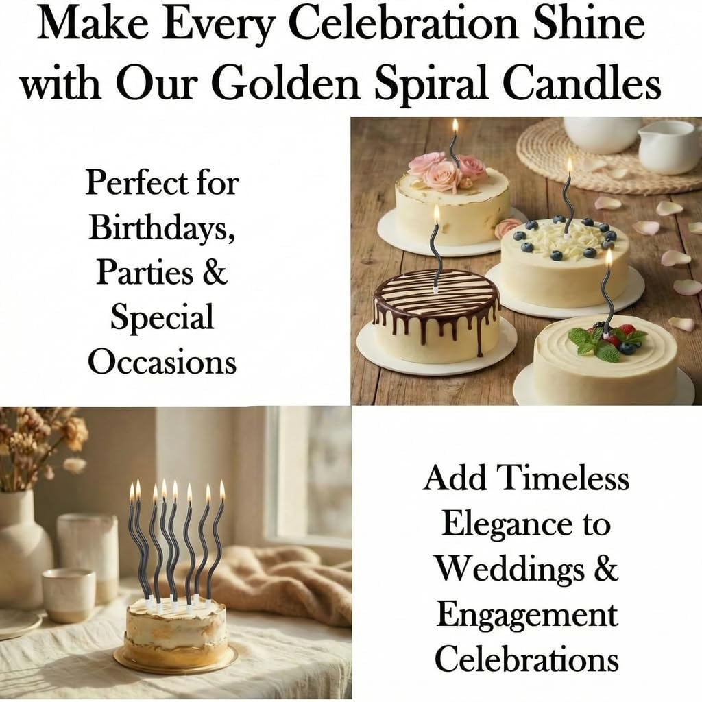 12-Count Spiral Birthday Candles, Long Twisty Gold Party Candles with Candle Holders, Long Burning for Weddings, Birthdays, Party Decorations, Cupcakes, Anniversary and Meetups (Gold)
