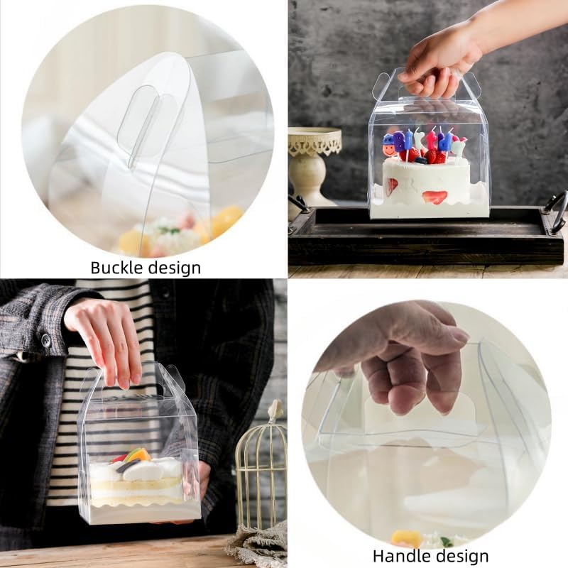 10Pcs Clear Cake Boxes with 10 Stickers and 1 Roll Ribbon,5.5X5.5 Inch Transparent Bakery Boxes Mini Cake Boxes Plastic Cupcake Candy Display Boxes for Home Wedding Birthday Party Baby Shower Favors