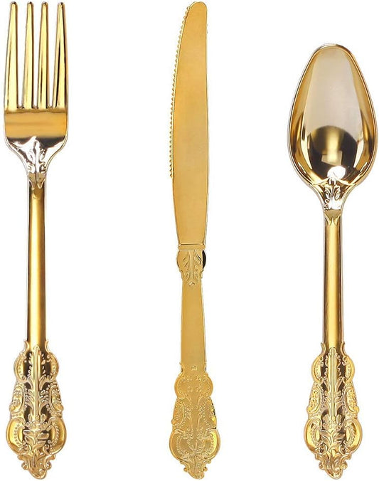 WDF300 Pieces Gold Plastic Silverware - Heavy Duty Disposable Cutlery Set Plastic Gold Silverware Set Includes 100 Forks, 100 Spoons, 100 Knives for Party Baby Shower Wedding Spring