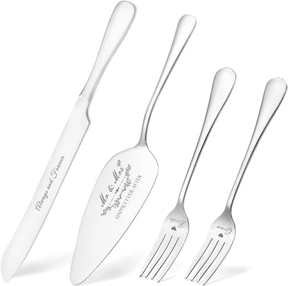 Wedding Cake Knife and Server Set, Gold Cake Cutting Set for Wedding, 4 Pieces Set with Forks for Engagements, Anniversaries, Bride and Groom