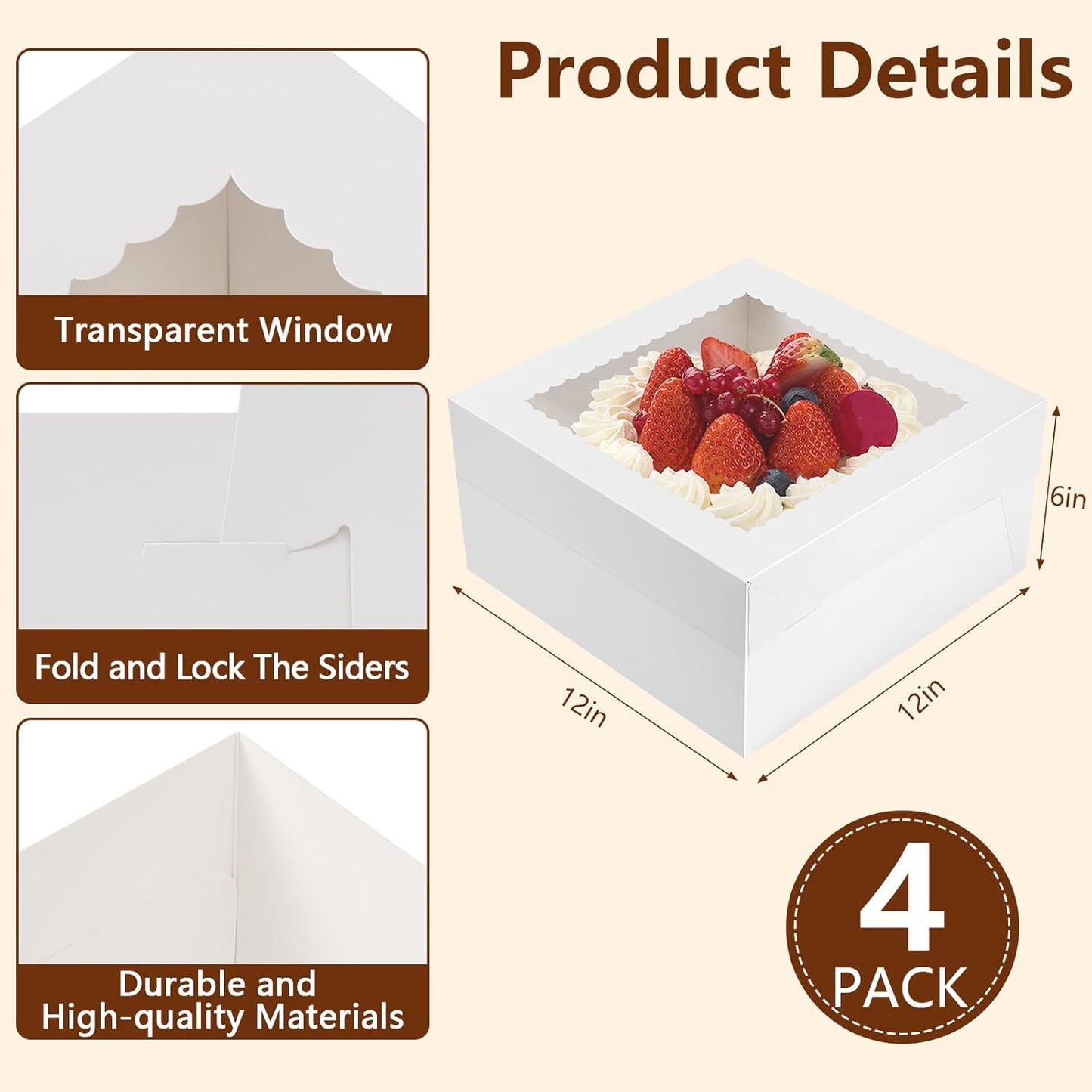NEOACT 30 Pcs Cake Boxes, 12x12x8 Inch White Bakery Boxes with Window Cake Containers 12 Inch large Cake box for Birthday Party, Wedding,Tall Dessert Cardboard Boxes