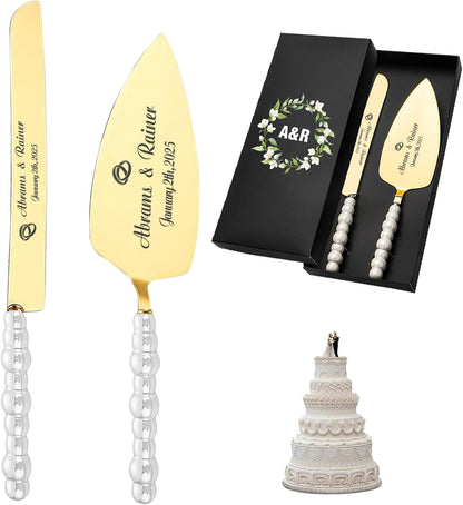 HJX Personalized Wedding Cake Knife and Server Set with Champagne Flutes, Custom Name Text Toasting Glasses for Bride and Groom, Cake Cutting Set Ideal Wedding Engagement Bridal Shower Gift