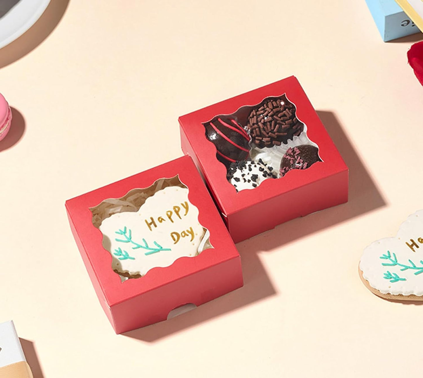 RomanticBaking 3 ¼" x 3 ¼" x 1 ½" 50PCS Chocolate Truffle Boxes for 4，Cookies Boxes Mini Bakery Boxes with Window for Brownie,Soap,Donut