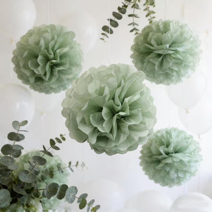 9-Pack Sage Green Tissue Paper Flower Pom Poms Decorations - 12" 10" Sage Hanging Paper Party Decor for Bridal Shower, Baby Shower, Birthday, Wedding, Nursery Room, Backdrop Supplies