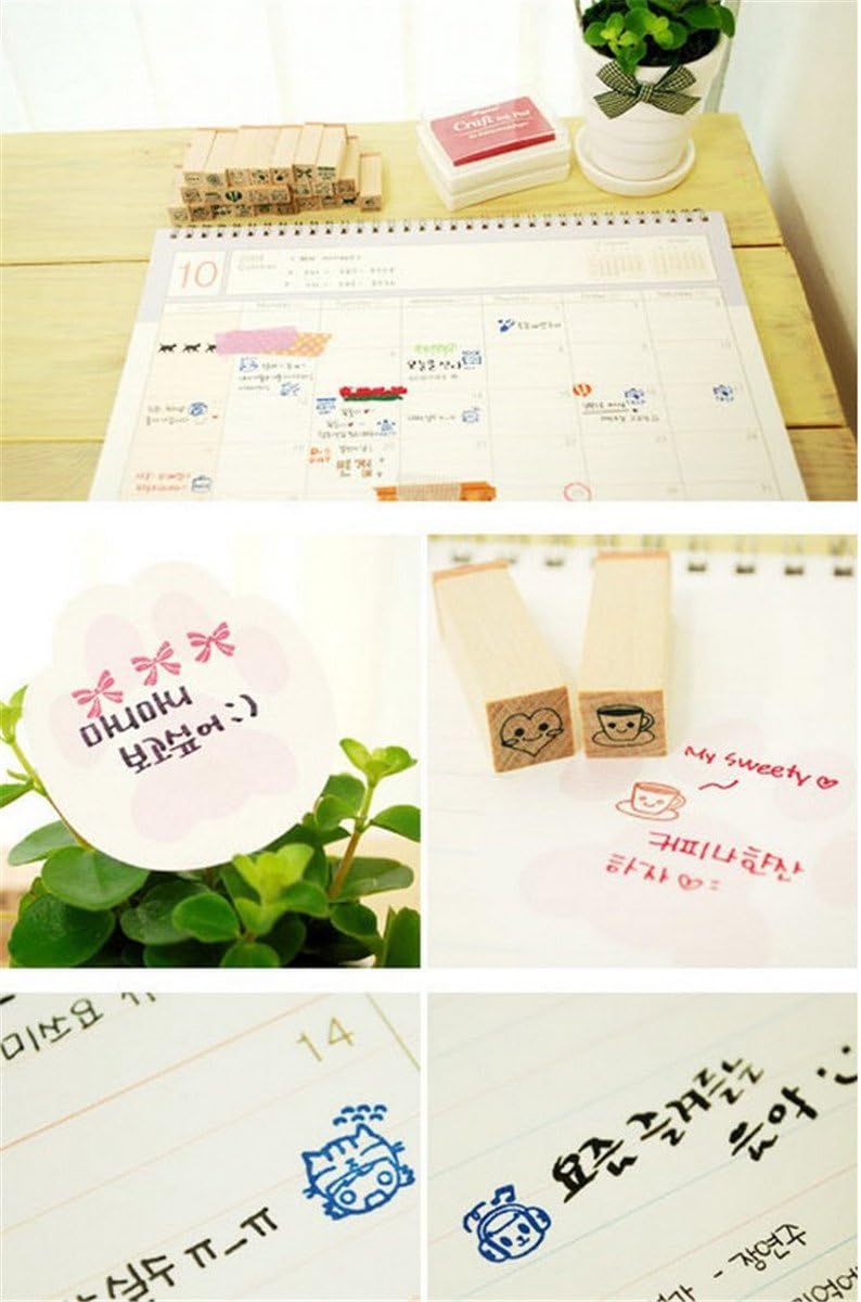 Pack of 25 Pcs Small Green Happy Life Shape Wooden Rubber Stamps with Box for DIY Craft Card and Photo Album (Green)