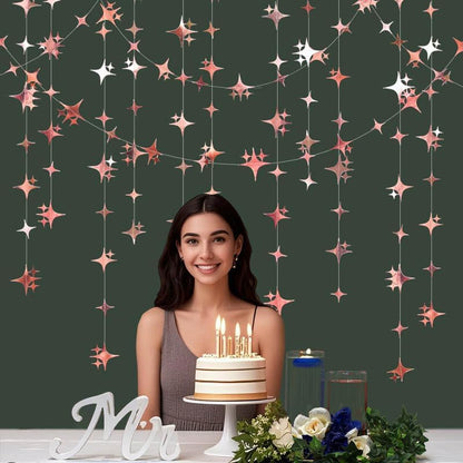 Glitter Gold Four-Angle Star Paper Garland Banner Décor 40 Feet Gold Twinkle Star Hanging Bunting Banner Backdrop for Wedding Baby Shower Birthday Graduation Disco Party Decorations
