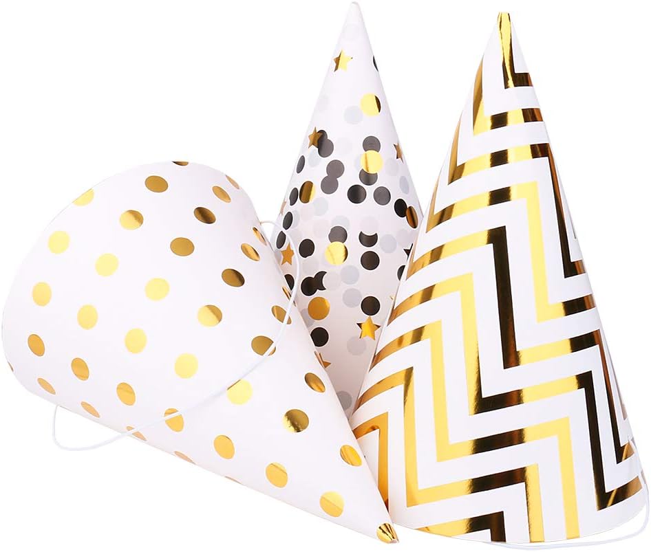 Boieo Party Hats Birthday Cone Set Gold Polka Dot Striped Paper for Adults Kids Happy Birthday Party Decorations 12 Pcs