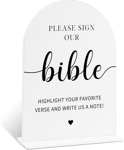 Sign Our Bible Wedding Sign, White Acrylic Wedding Guest Book Sign, Bridal Shower Decor, Elegant Arch Acrylic Table Top Signs for Reception Marriage Engagement Party Decorations