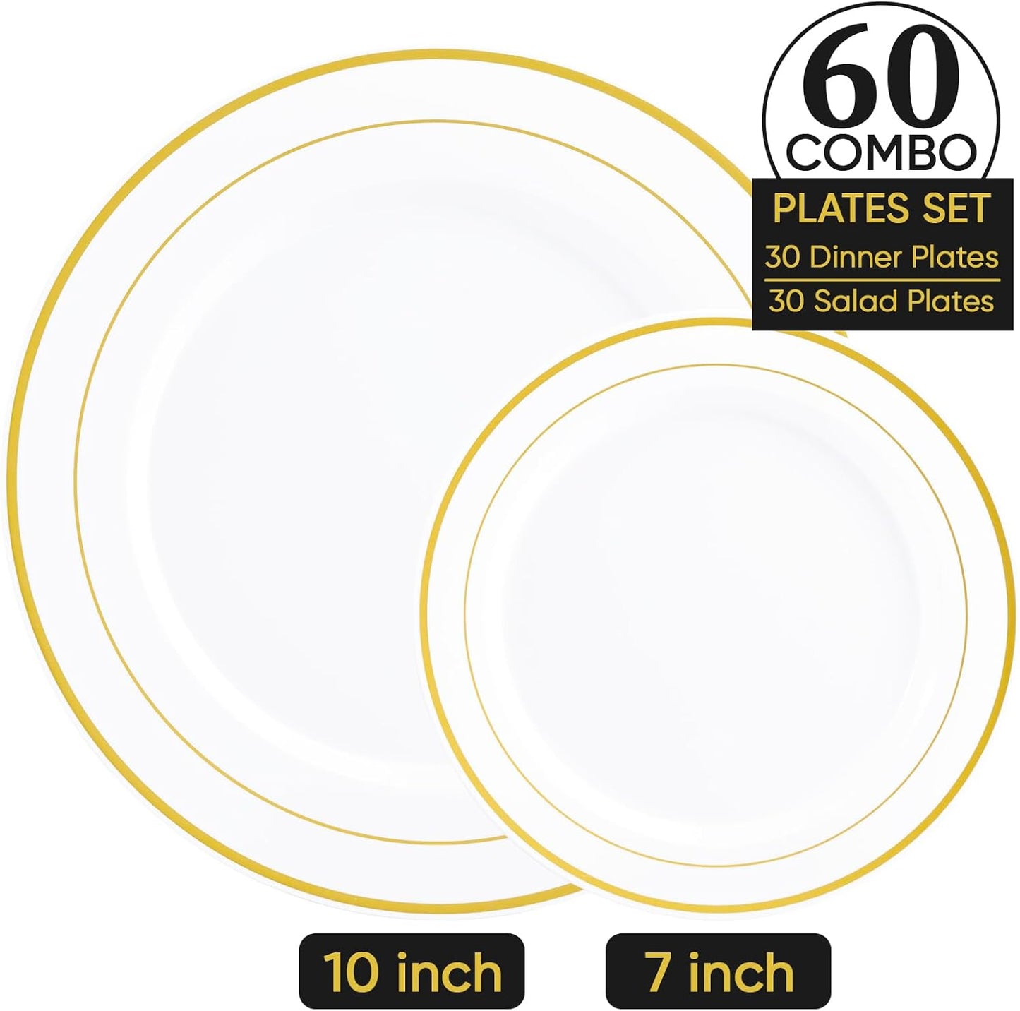 FOCUSLINE Silver Plastic Plates Set of 60, Disposable Plates with Silver Rim 30 Dinner Plates 10" and 30 Salad Dessert Appetizer Plate 7", Elegant Fancy Heavy Duty Wedding Party Plates