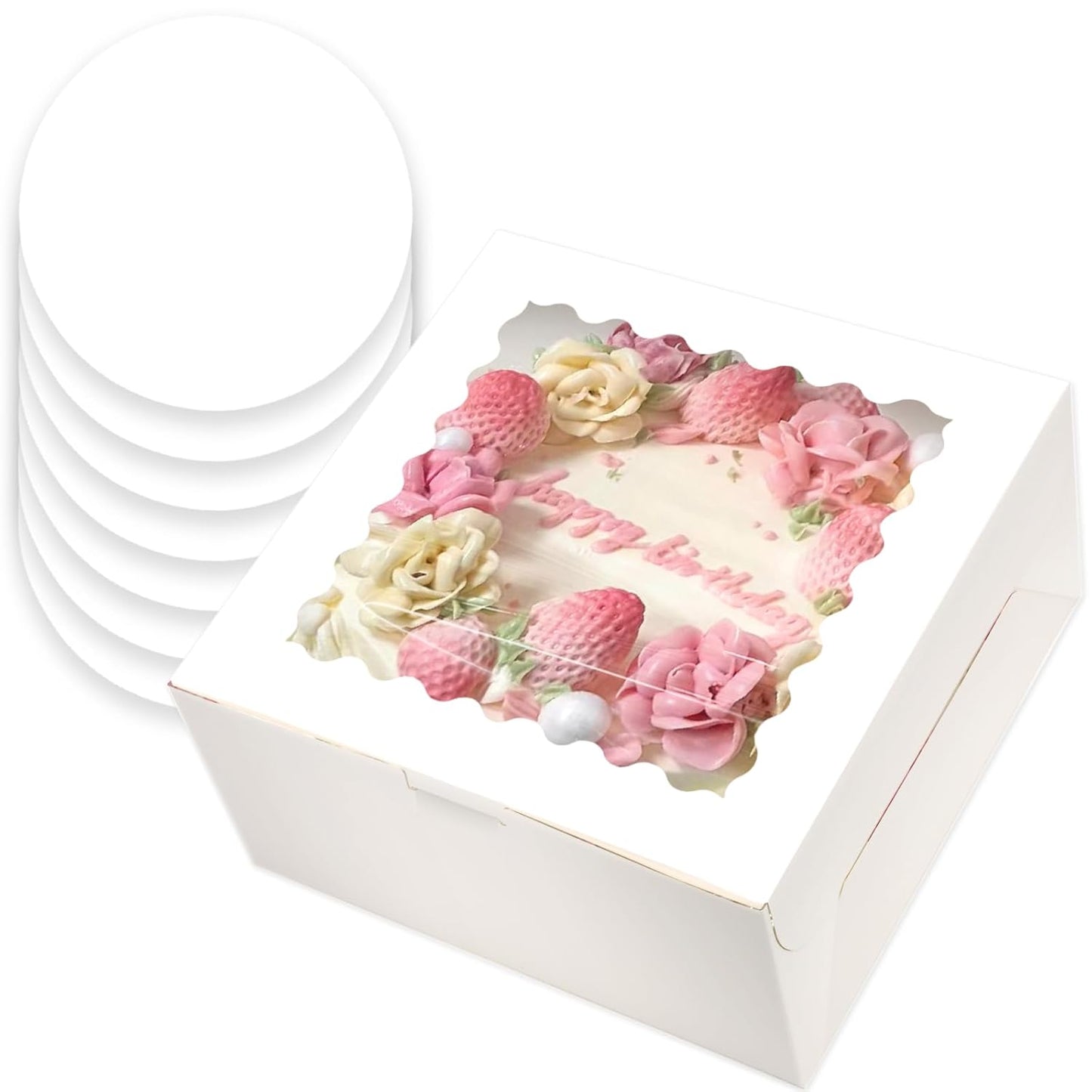 qiqee 10x10x5 Cake Box, 4 Sets Pink Cake Box with Window ＆ 4 Sets 10" Pink Cake Round Boards, 10inch Cake Containers