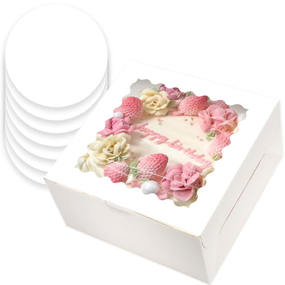 qiqee 10x10x5 Cake Box, 4 Sets Pink Cake Box with Window ＆ 4 Sets 10" Pink Cake Round Boards, 10inch Cake Containers