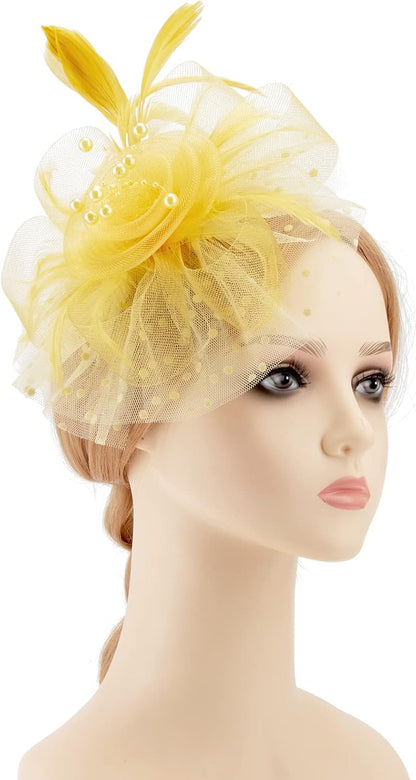 DRESHOW Fascinators Hat Flower Mesh Ribbons Feathers on a Headband and a Clip Tea Party Headwear for Girls and Women - Colors A