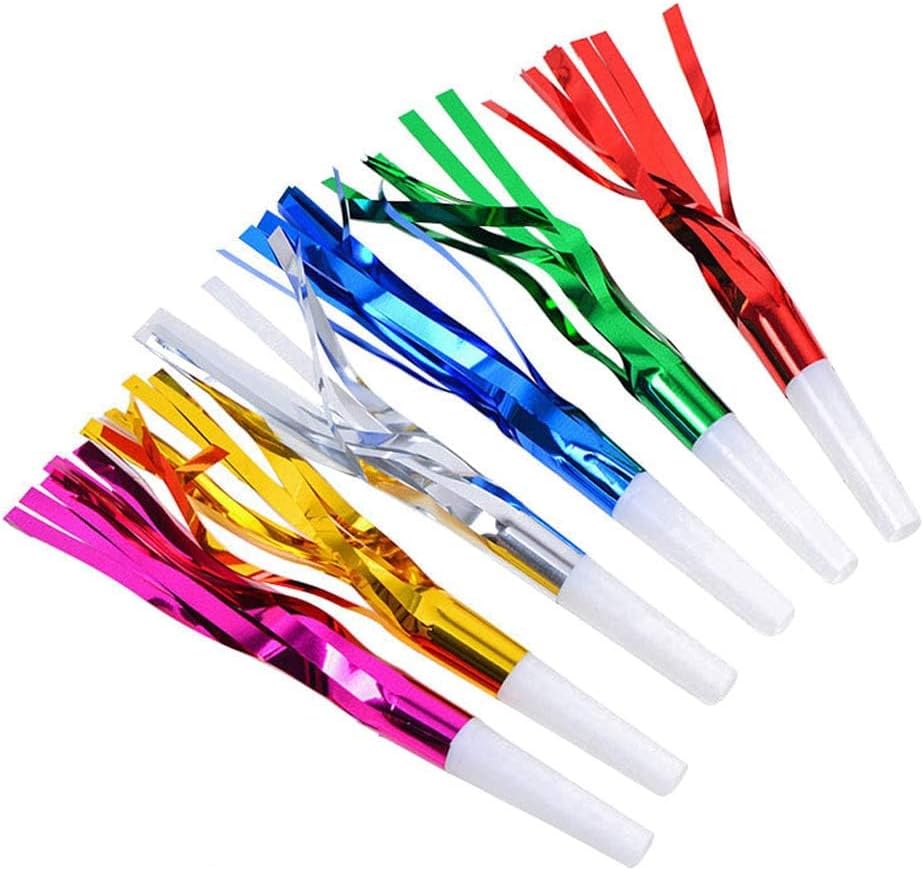 24 Pcs Random Color Metallic Noise Makers Party Blowouts Whistles Glitter Fringe Noisemaker Party Supplies Blowouts Children Toy for Sport Games