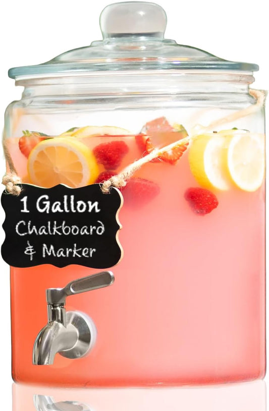 1 Gallon Beverage Dispenser with Stainless Steel Spigot + Marker & Chalkboard 100% Leakproof Glass Drink Dispenser for Parties with Spout, Airtight Beverage Serveware for Water, Juice, Laundry