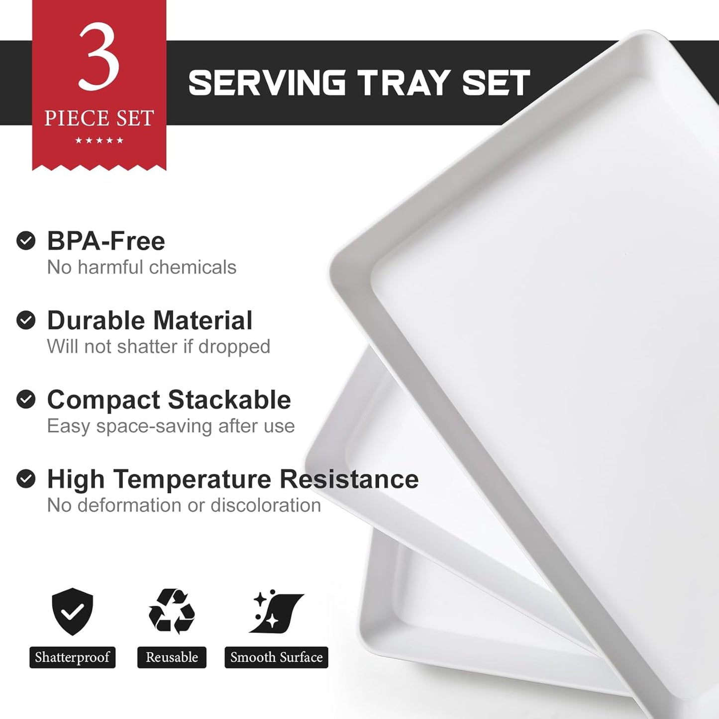 4-Pack Plastic 16" x 11" Large White Serving Trays Set - Reusable Serving Platters for Cookie, Appetizer, Charcuterie, Snack, Dessert, Party Food Display - Stackable Kitchen CounterTop Tray, BPA Free