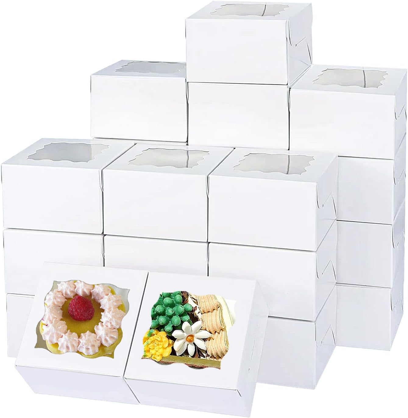 150pcs White Small Cake Box,4x4x2.5 Inch Bakery Boxes with Window,gift boxes bulk for Mini Cake Pastry Dessert Strawberries Chocolates Cupcakes with Stickers