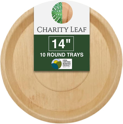 Charity Leaf Disposable Palm Leaf 13" Deep Round Trays (10 pieces) Bamboo Like Serving Platters, Disposable Boards, Eco-Friendly Dinnerware For Weddings, Catering, Events