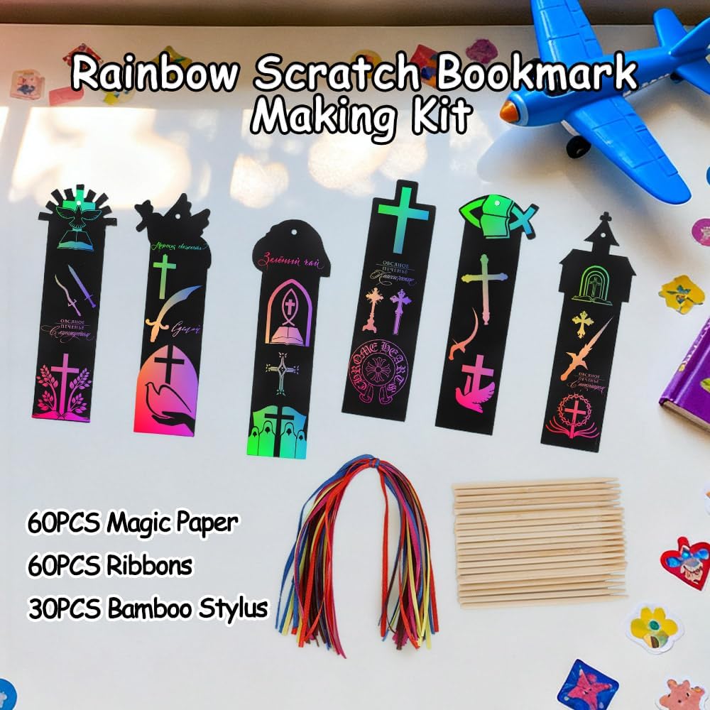 Christian Rainbow Scratch Bookmarks,Easter Basket Stuffers,Party Favors 60 Ribbons 30 Bamboo Stylus Bible Art Crafts Sunday School Crafts Christmas Scratch Off Cards Religious Gifts