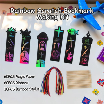 Christian Rainbow Scratch Bookmarks,Easter Basket Stuffers,Party Favors 60 Ribbons 30 Bamboo Stylus Bible Art Crafts Sunday School Crafts Christmas Scratch Off Cards Religious Gifts