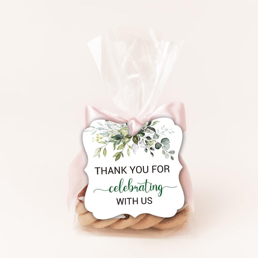 50 Thank You Favor Tags, Thank You for Celebrating with Us Gift Tags for Weddings, Bridal Showers, Birthdays, Parties, Baby Showers, 2-inch With 2 rolls of ribbon 20M/65.6ft. Greenery