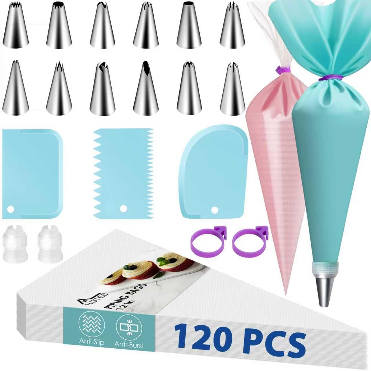HOTEC Piping Bags and Tips Set, 120 Pcs Cake Decorating Kit with 100pcs 12 Inch Disposable Pastry Bags, 1 Reusable Piping Bags, 12 Piping Tips, 3 Cake Scraper, 2 Couplers, 2 Bag Ties, Baking Supplies