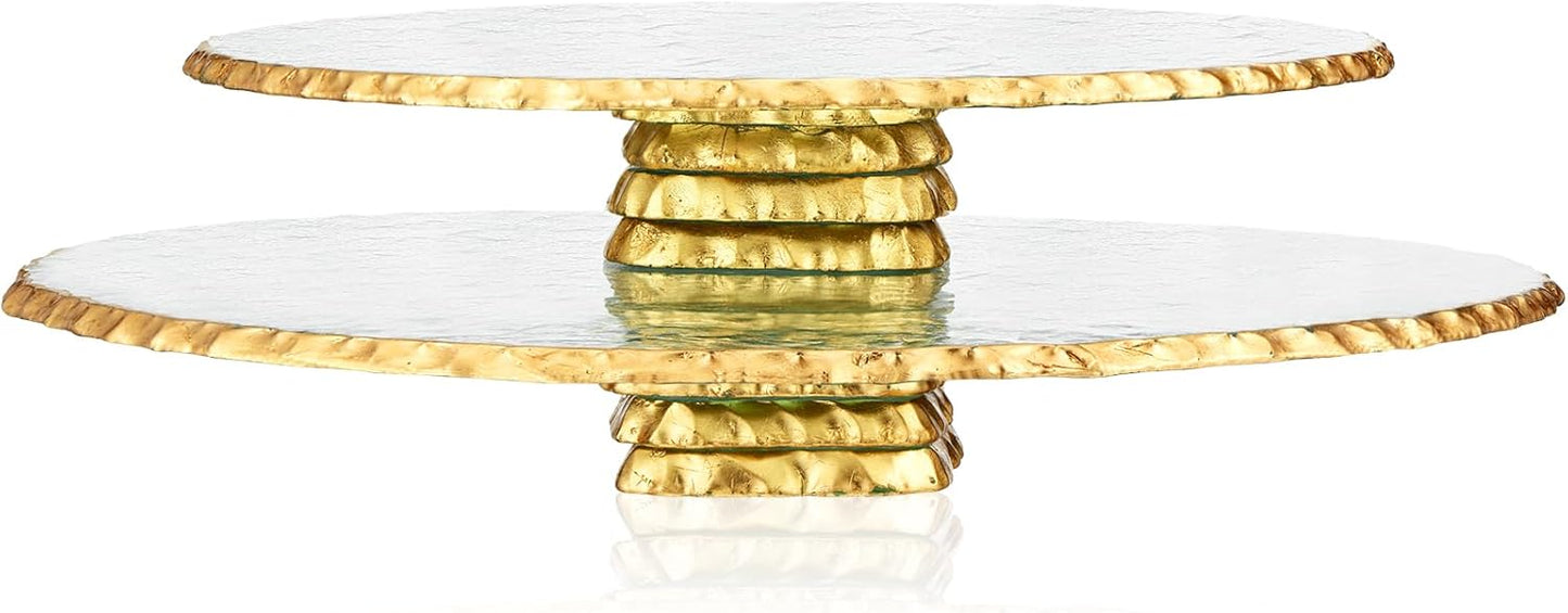 Blushtier 2 Pcs Footed Gold Glass Cake Stand 9.8" 12.6" Round Cake Plate Pedestal Platter Dessert Server Tray for Serving Wedding Birthday Party Display Housewarming Gift