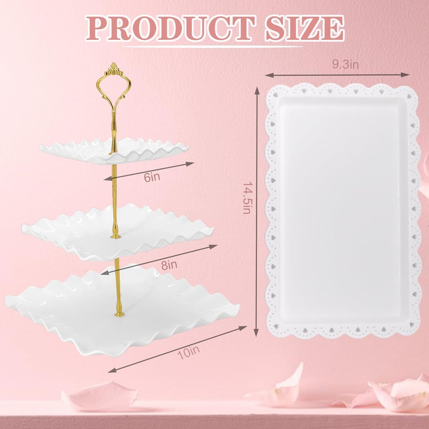 5 Pcs Dessert Table Display Set, White Plastic 2 Pcs Round 3 Tier Cupcake Stand Cup Cake Tower Stand with Metal Rod & 3 Pcs Serving Tray for Baby Shower, Tea Party, Wedding, Birthday Party