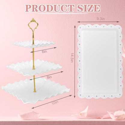 5 Pcs Dessert Table Display Set, White Plastic 2 Pcs Round 3 Tier Cupcake Stand Cup Cake Tower Stand with Metal Rod & 3 Pcs Serving Tray for Baby Shower, Tea Party, Wedding, Birthday Party