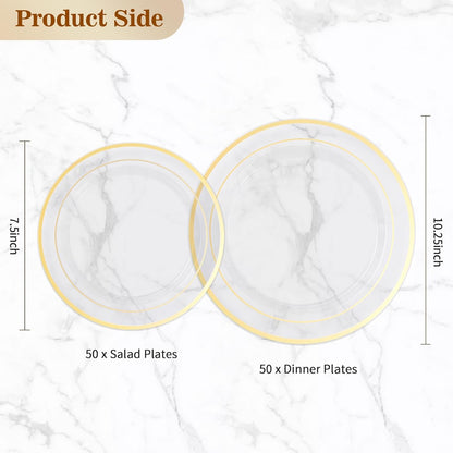 BESTVIP 200PCS Gold Plastic Plate, Disposable Party Plates with 100 Dinner Plates and 100 Dessert Plates, Plastic Plates for Party, Wedding and Birthday