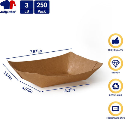 JOLLY CHEF 3lb Paper Food Trays,250 Pack Disposable Boat, Extra Large Food Serving Holder Tray for Gameday,Party, Nachos, Hot Dogs, Taco, French Fries