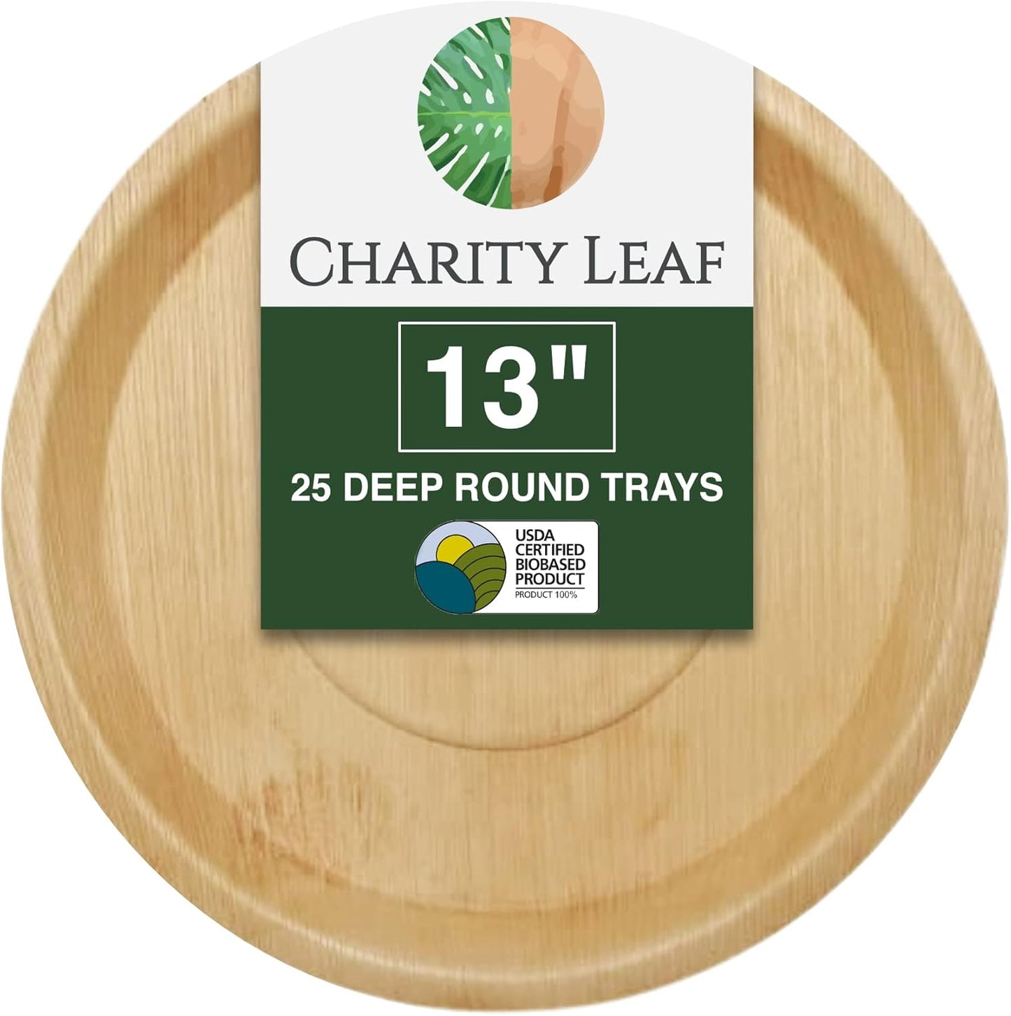 Charity Leaf Disposable Palm Leaf 13" Deep Round Trays (10 pieces) Bamboo Like Serving Platters, Disposable Boards, Eco-Friendly Dinnerware For Weddings, Catering, Events