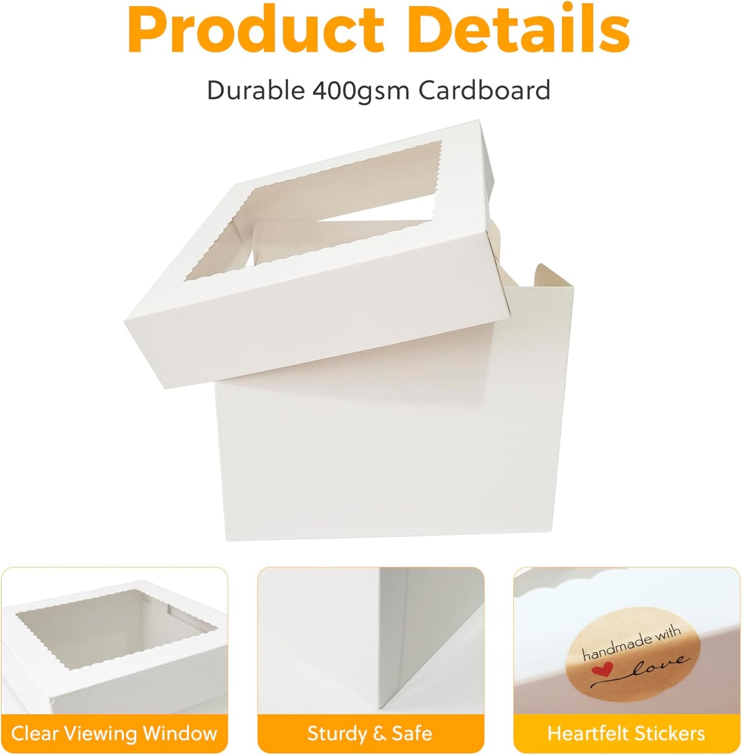 3 Pack Cake Boxes,10x10x8 Inch Tall Cake Box with Cake Boards 10",Disposable Cake Containers with Lids,White Bakery Boxes with Large Window,for Layer Cakes,Pies,Donuts,Cookies,Wedding,Birthday,Party