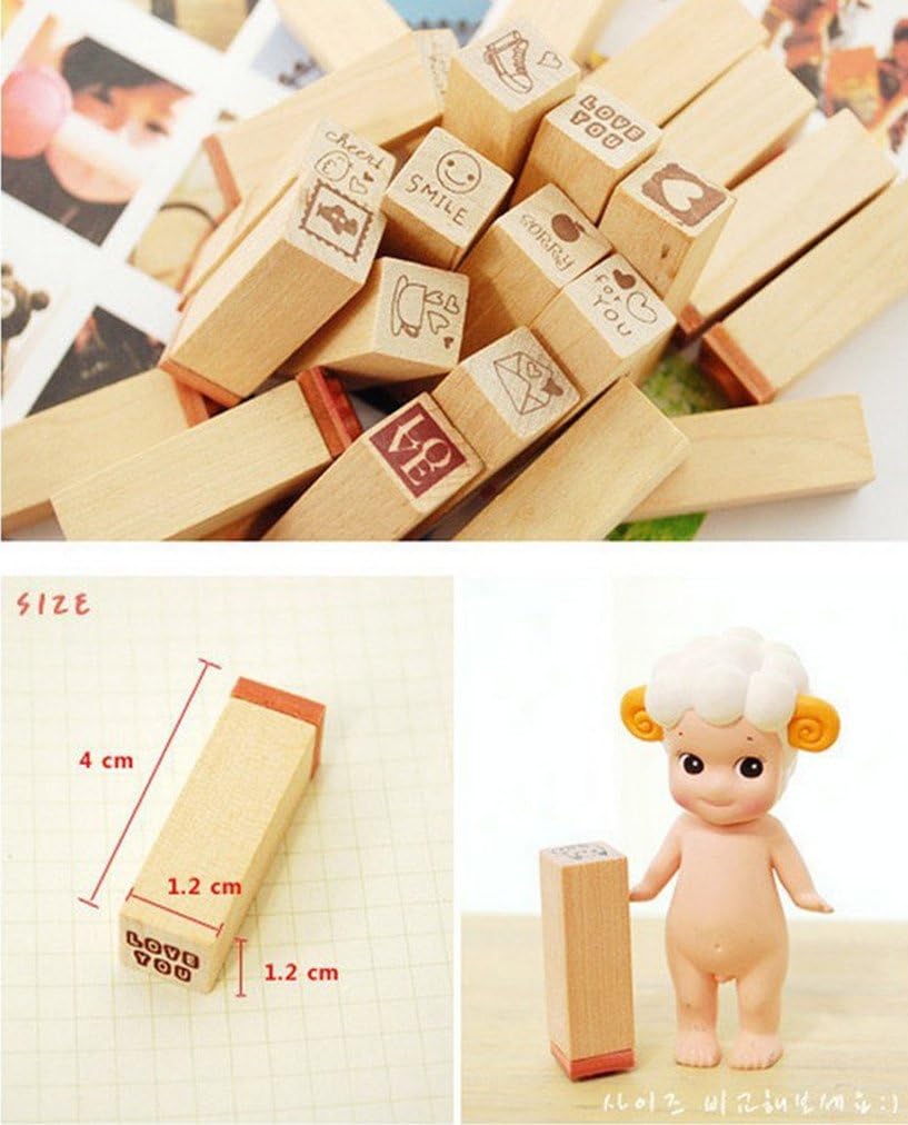 Pack of 25 Pcs Small Green Happy Life Shape Wooden Rubber Stamps with Box for DIY Craft Card and Photo Album (Green)