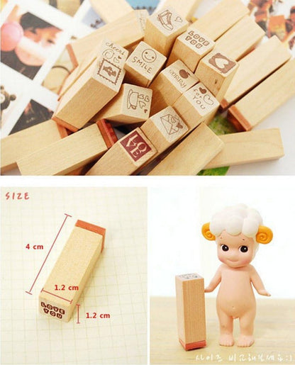 Pack of 25 Pcs Small Green Happy Life Shape Wooden Rubber Stamps with Box for DIY Craft Card and Photo Album (Green)